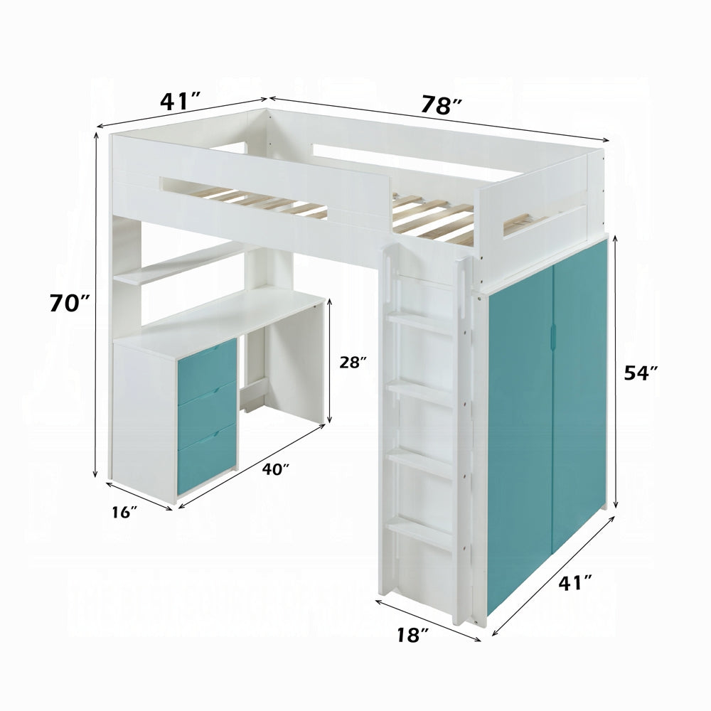 ReForm Creative Home Lilo Twin Bunk/Loft Bed W/Workstation & Wardrobe - White/Teal Free Delivery USA & Canada