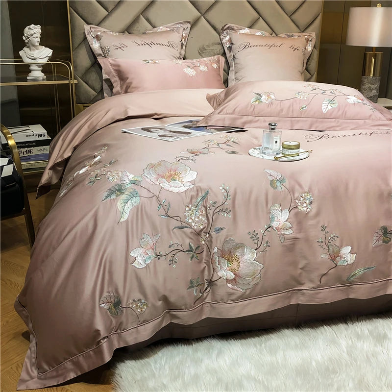 Belle Maison Embroidered Egyptian Cotton 1000 TC Duvet Set - Blush
