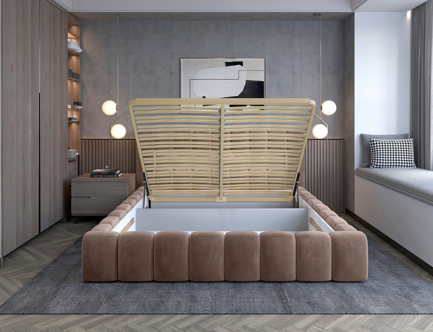ReForm Creative Home Lamica Upholstered LED Storage Platform Bed - Beige Free Delivery USA & Canada