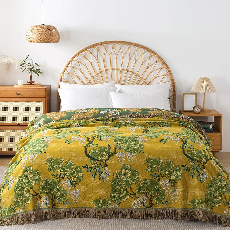 Wild Garden Boho Cotton Blanket/Throw - Mustard/Green