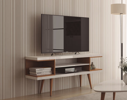 Eureka Modern 53.14" TV Stand with 4 Shelves - White Gloss/Maple Cream