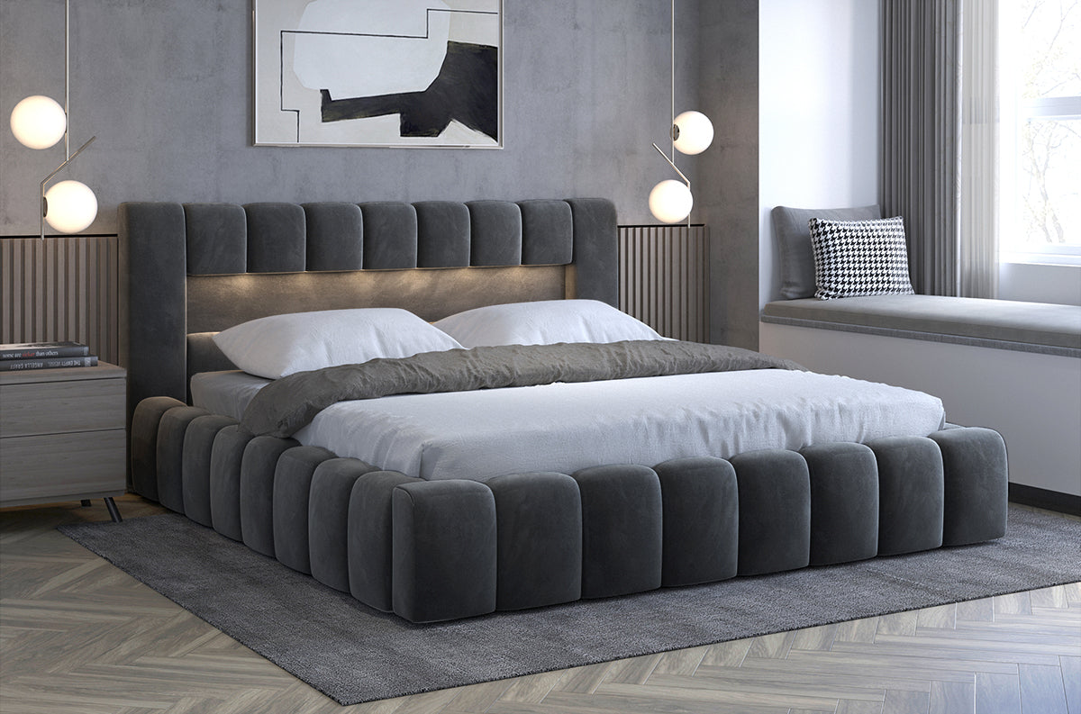 ReForm Creative Home Lamica Upholstered LED Storage Platform Bed - Dark Grey Free Delivery USA & Canada