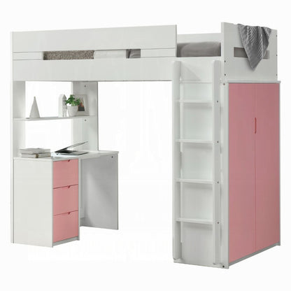ReForm Creative Home Lilo Twin Bunk/Loft Bed W/Workstation & Wardrobe - White/Pink Free Delivery USA & Canada
