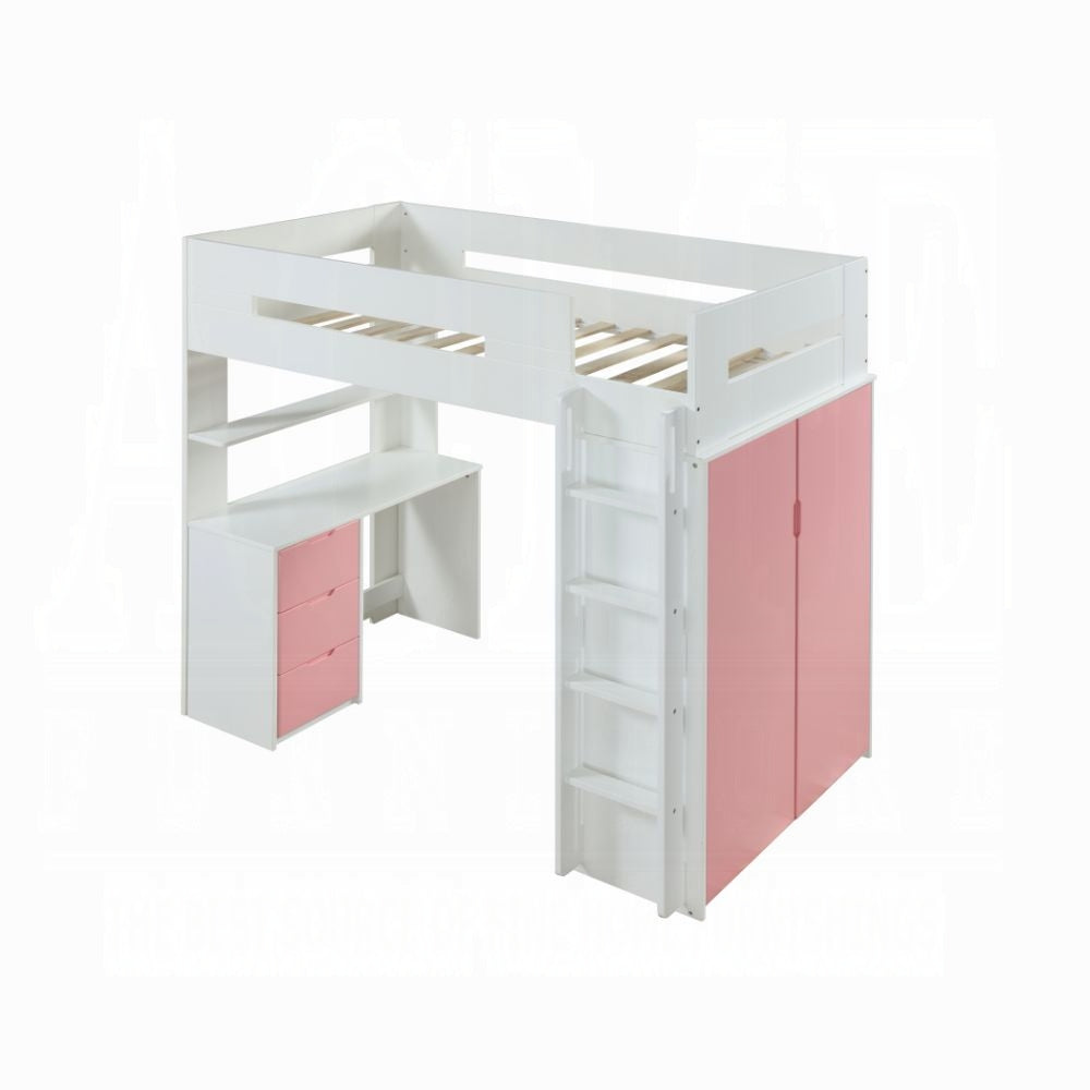 ReForm Creative Home Lilo Twin Bunk/Loft Bed W/Workstation & Wardrobe - White/Pink Free Delivery USA & Canada