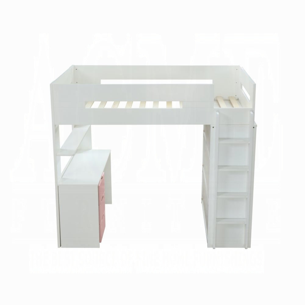 ReForm Creative Home Lilo Twin Bunk/Loft Bed W/Workstation & Wardrobe - White/Pink Free Delivery USA & Canada