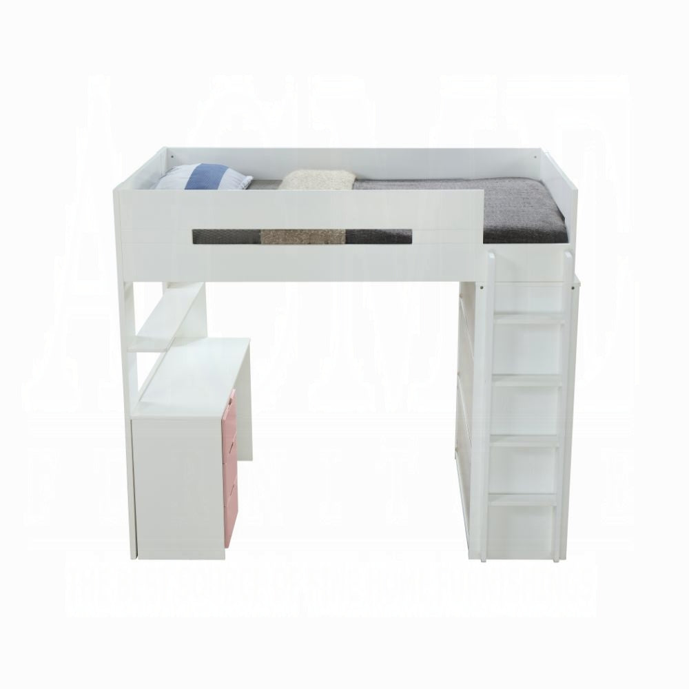 ReForm Creative Home Lilo Twin Bunk/Loft Bed W/Workstation & Wardrobe - White/Pink Free Delivery USA & Canada