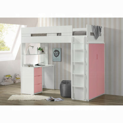 ReForm Creative Home Lilo Twin Bunk/Loft Bed W/Workstation & Wardrobe - White/Pink Free Delivery USA & Canada