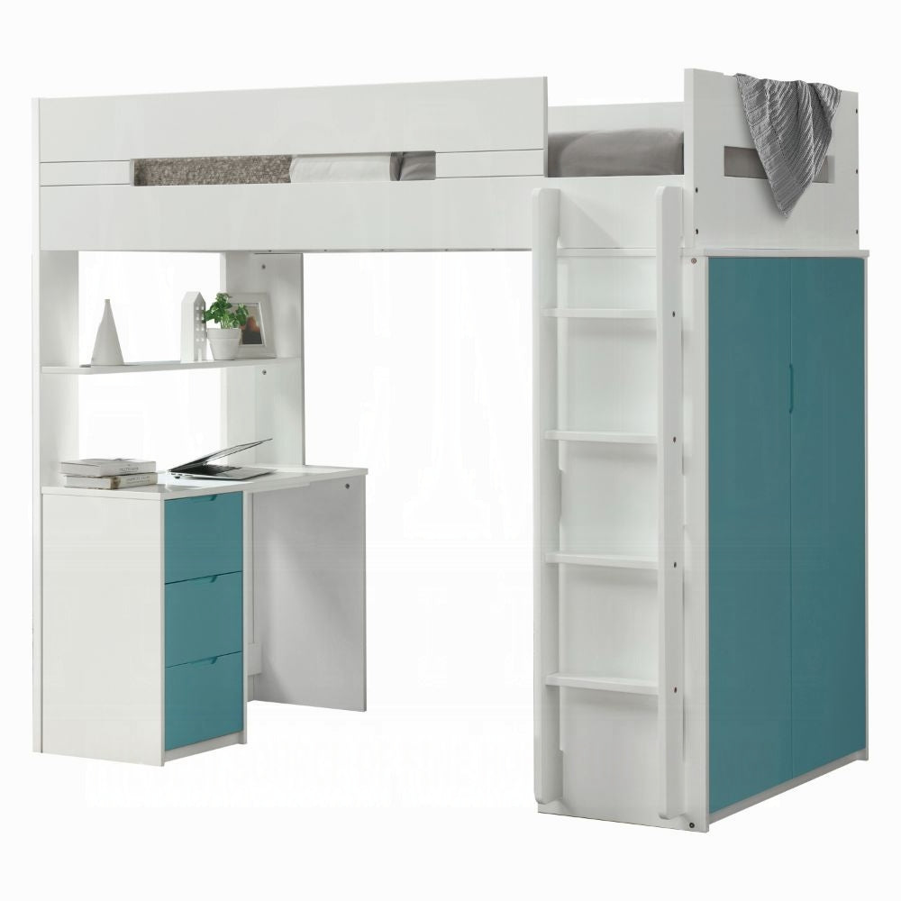 ReForm Creative Home Lilo Twin Bunk/Loft Bed W/Workstation & Wardrobe - White/Teal Free Delivery USA & Canada