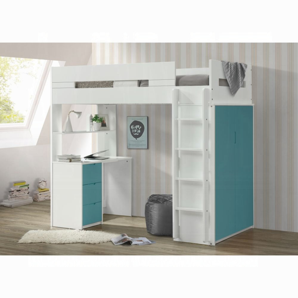 ReForm Creative Home Lilo Twin Bunk/Loft Bed W/Workstation & Wardrobe - White/Teal Free Delivery USA & Canada