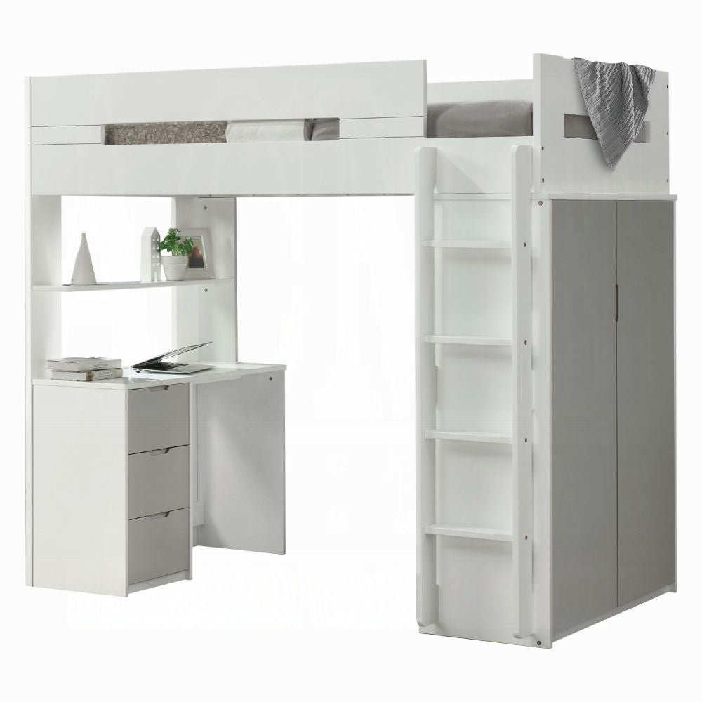 ReForm Creative Home Lilo Twin Bunk/Loft Bed W/Workstation & Wardrobe - White/Grey Free Delivery USA & Canada