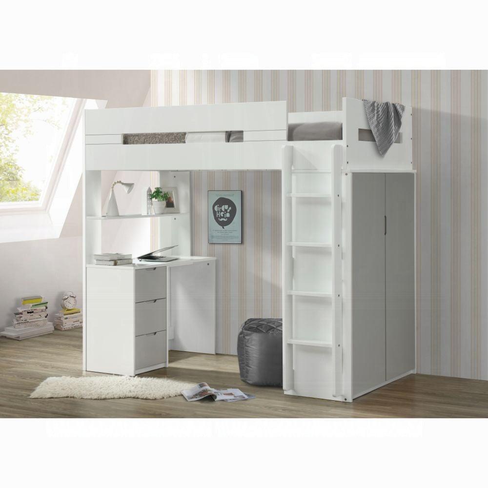 ReForm Creative Home Lilo Twin Bunk/Loft Bed W/Workstation & Wardrobe - White/Grey Free Delivery USA & Canada