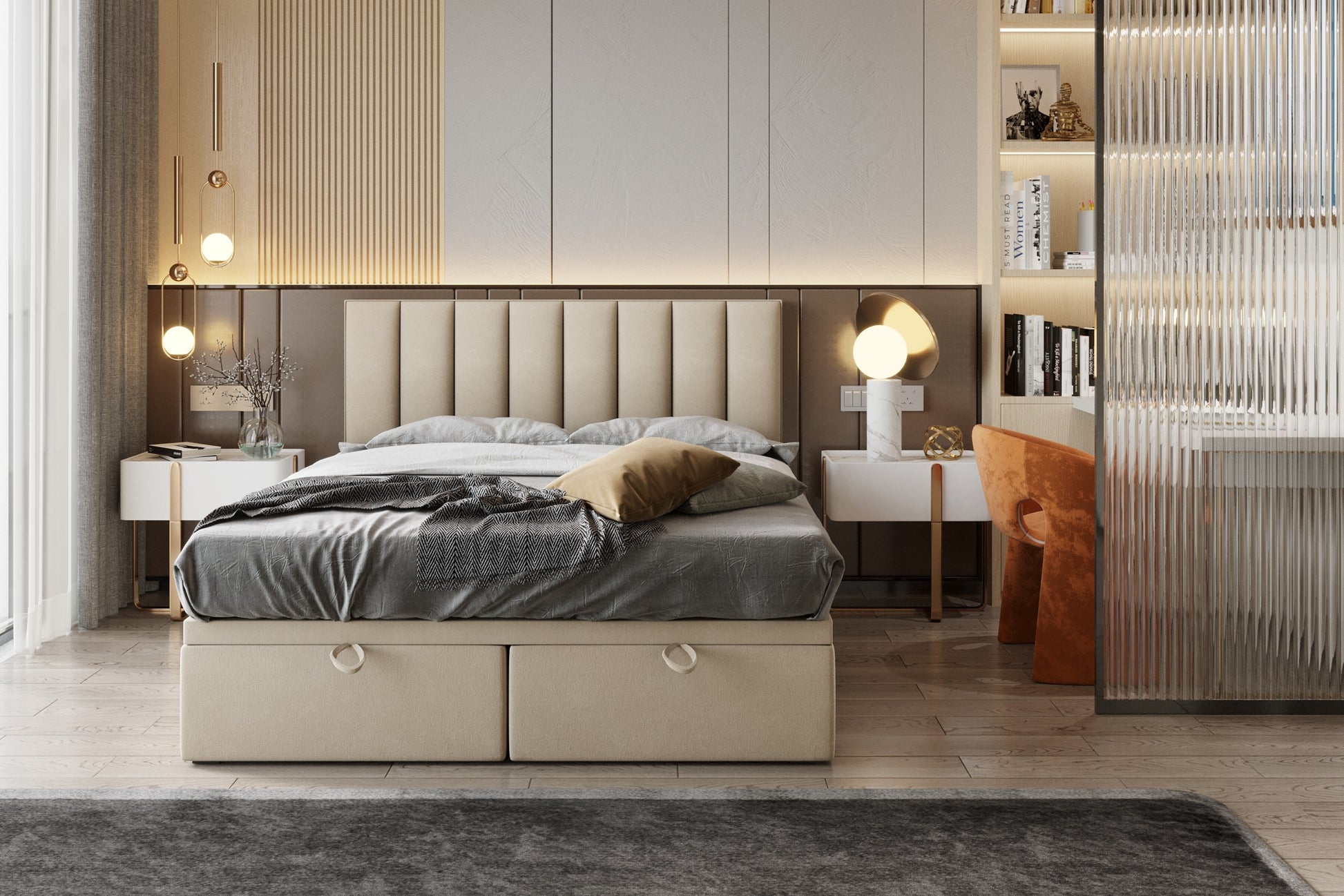 ReForm Creative Home Bond Upholstered Lift Storage Platform Bed - Beige Free Delivery USA & Canada