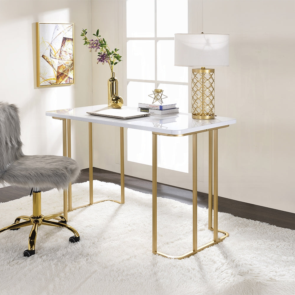 Laire Elegant High Gloss Multi-Purpose Desk - White/Gold-Free Delivery-USA & CANADA