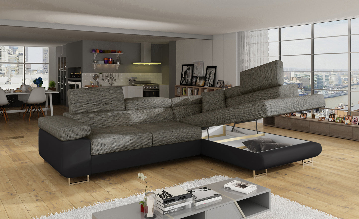 ReForm Creative Home Anton Two-Tone Storage Sleeper Sectional Sofa - Grey/Black-Free Delivery-USA & CANADA