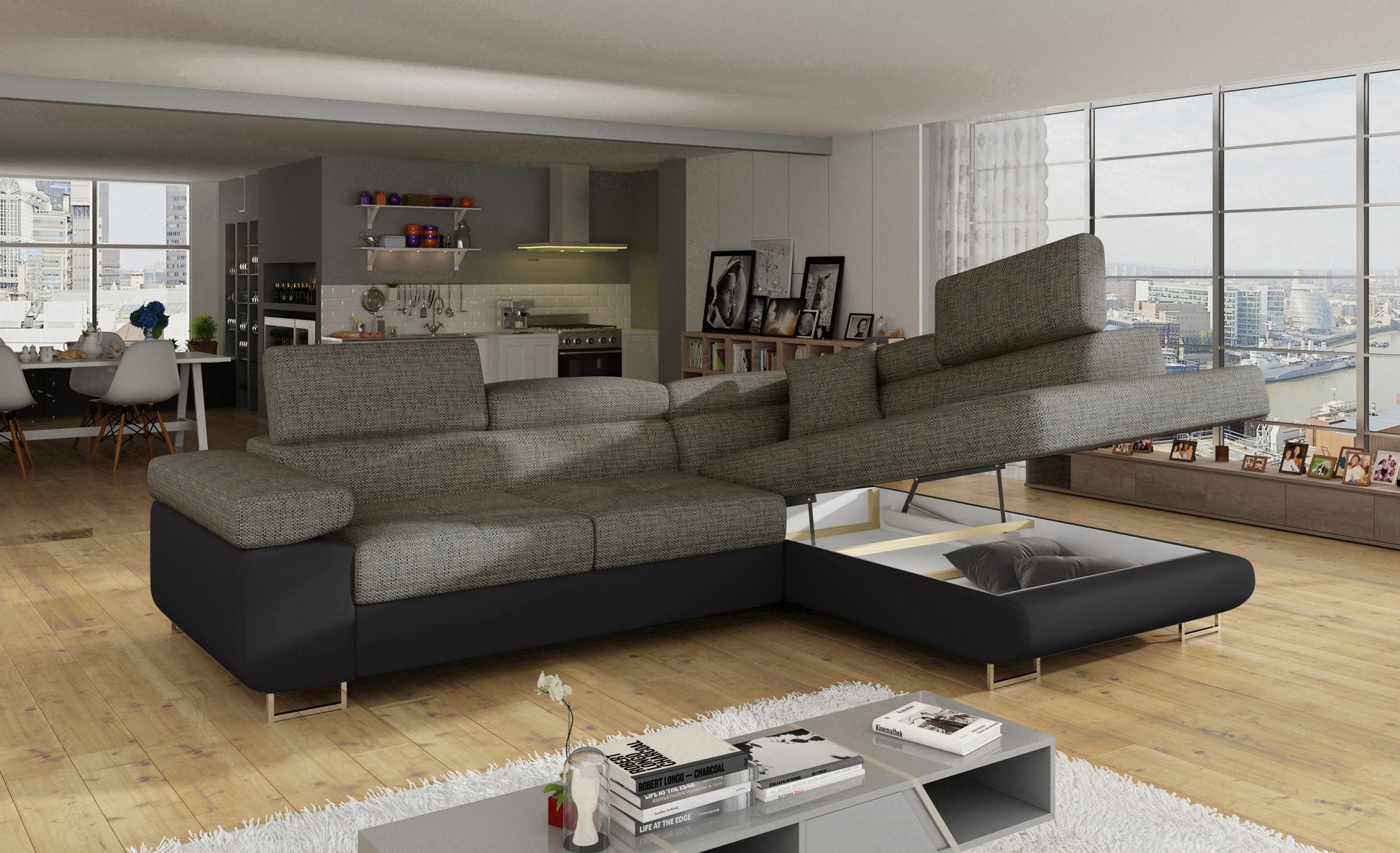 ReForm Creative Home Anton Two-Tone Storage Sleeper Sectional Sofa - Grey/Black-Free Delivery-USA & CANADA