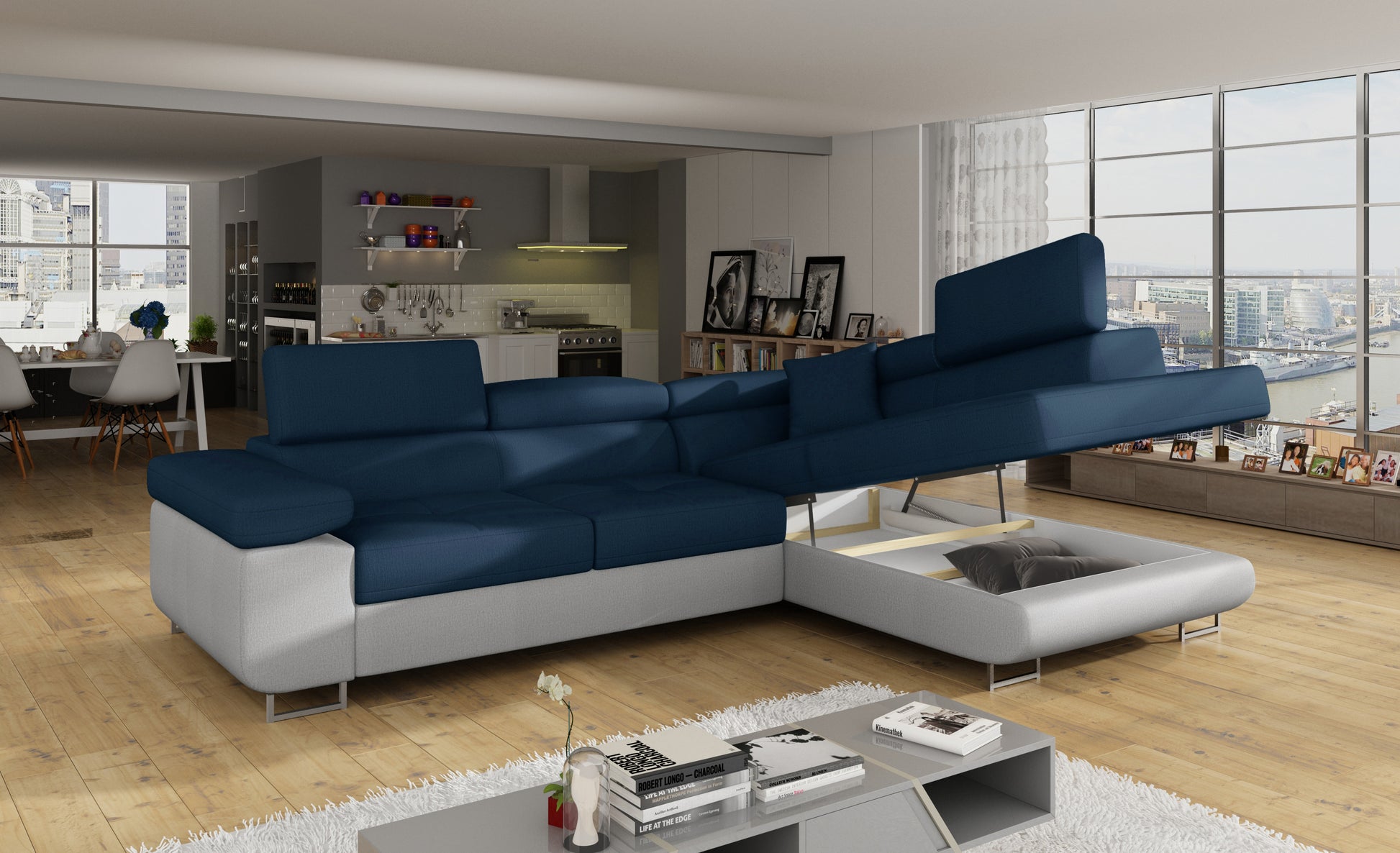 ReForm Creative Home Anton Two-Tone Storage Sleeper Sectional Sofa - Navy/Grey-Free Delivery-USA & CANADA