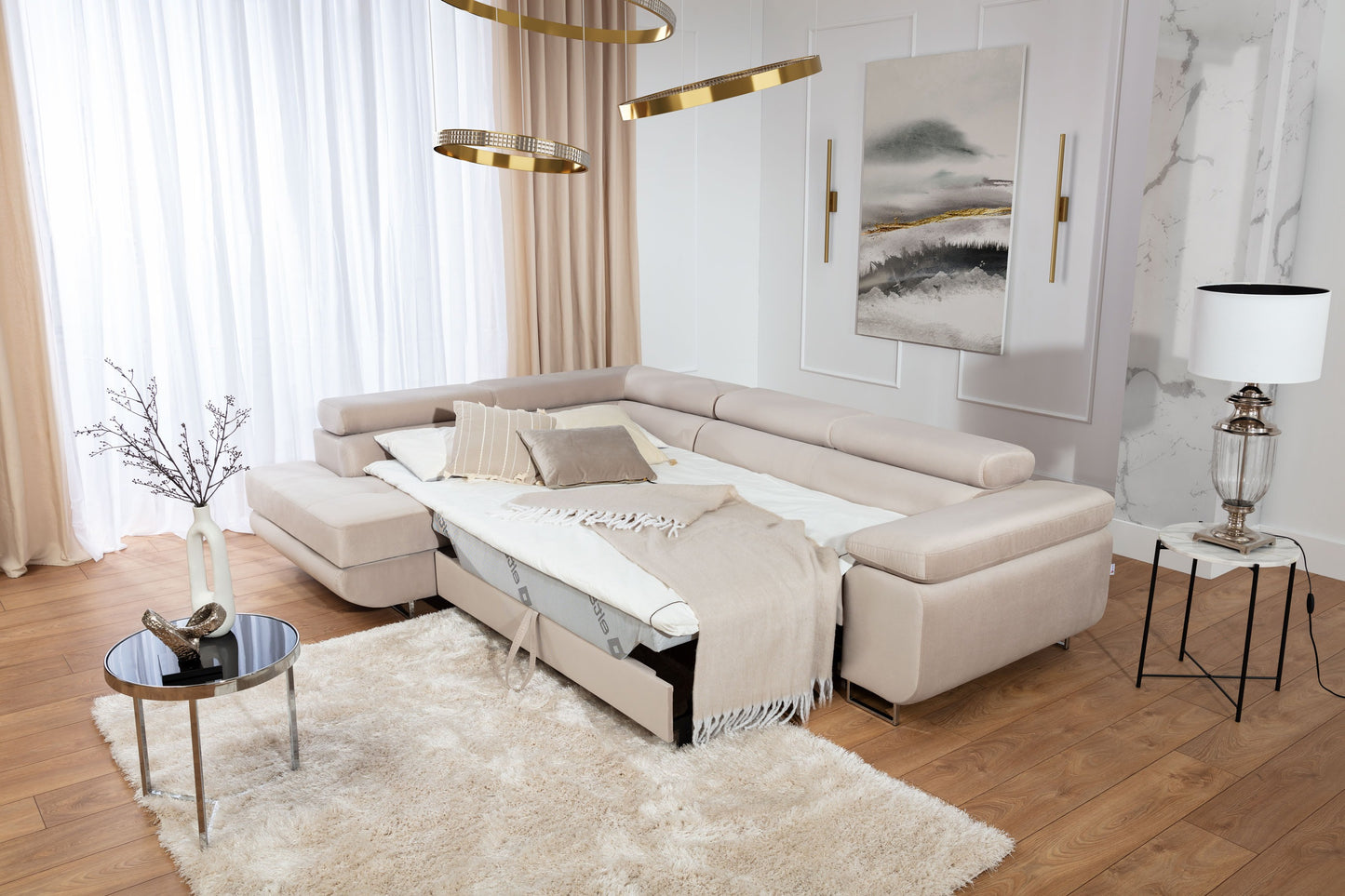 ReForm Creative Home Anton Storage Sleeper Sectional Sofa - Beige-Free Delivery-USA & CANADA