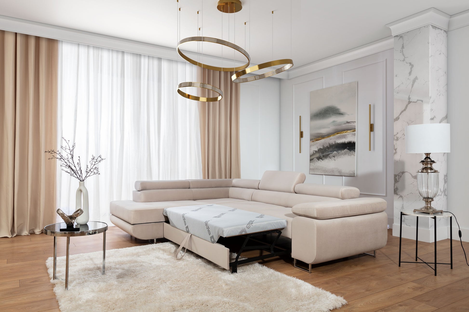 ReForm Creative Home Anton Storage Sleeper Sectional Sofa - Beige-Free Delivery-USA & CANADA