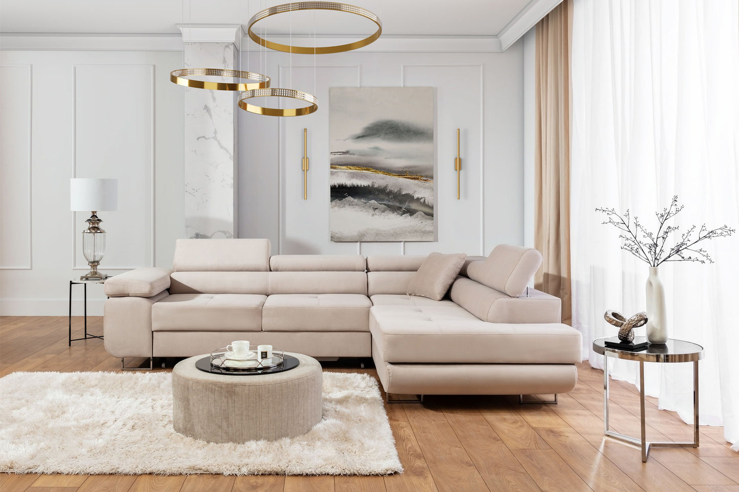 ReForm Creative Home Anton Storage Sleeper Sectional Sofa - Beige-Free Delivery-USA & CANADA