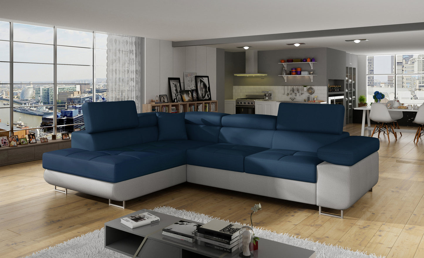Anton Two-Tone Storage Sleeper Sectional Sofa - Navy/Grey