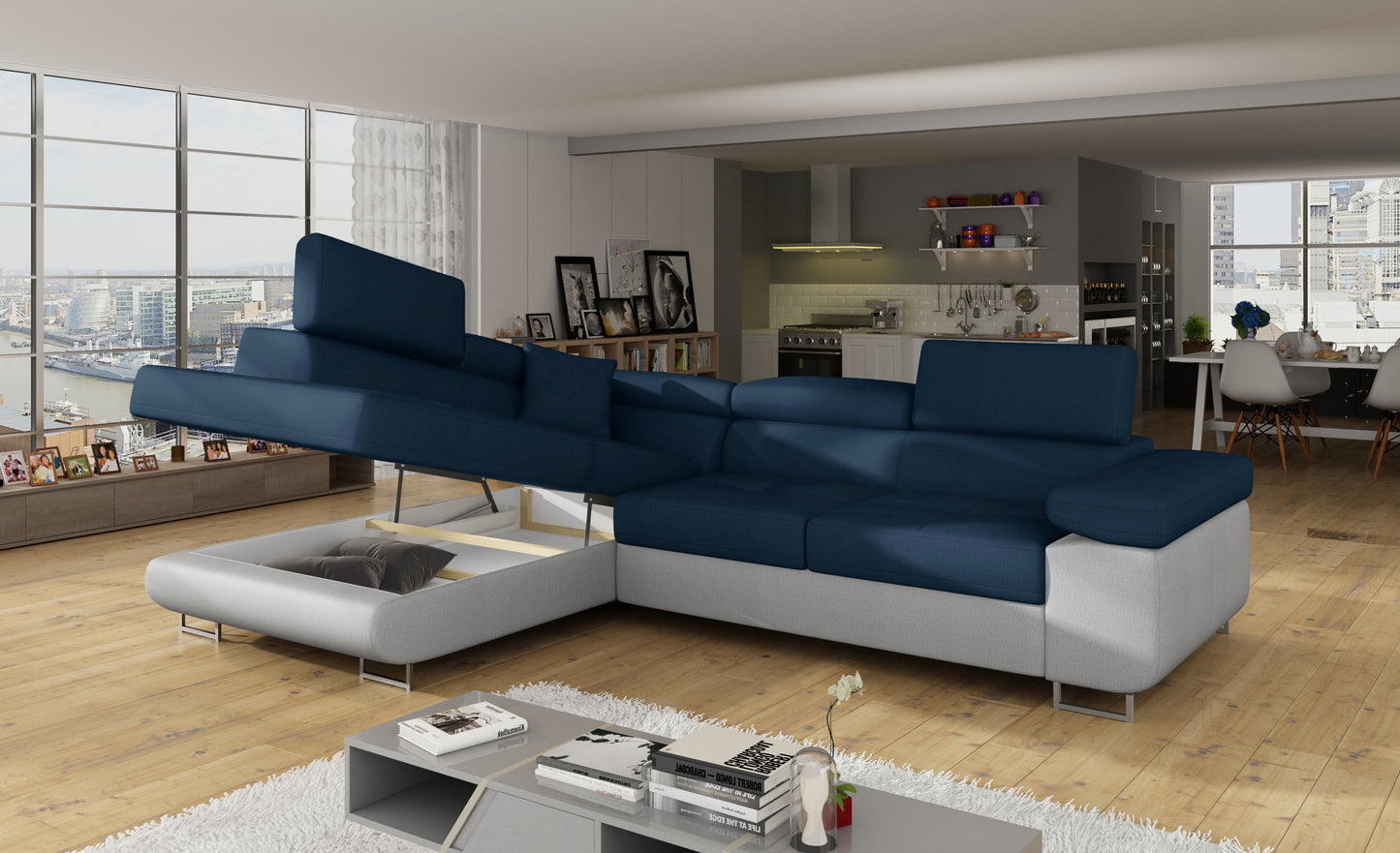 ReForm Creative Home Anton Two-Tone Storage Sleeper Sectional Sofa - Navy/Grey-Free Delivery-USA & CANADA