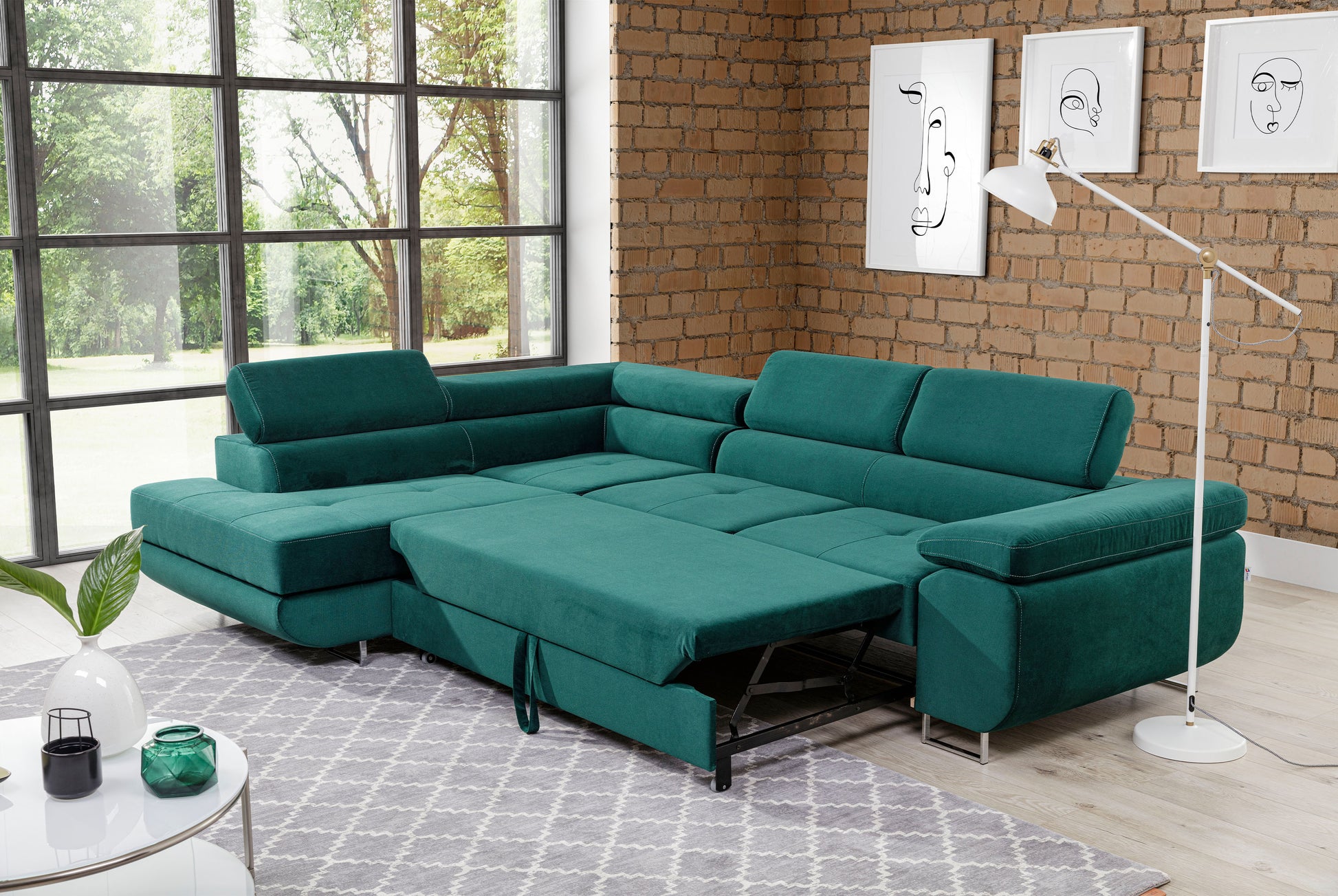 ReForm Creative Home Anton Storage Sleeper Sectional Sofa - Emerald Green-Free Delivery-USA & CANADA