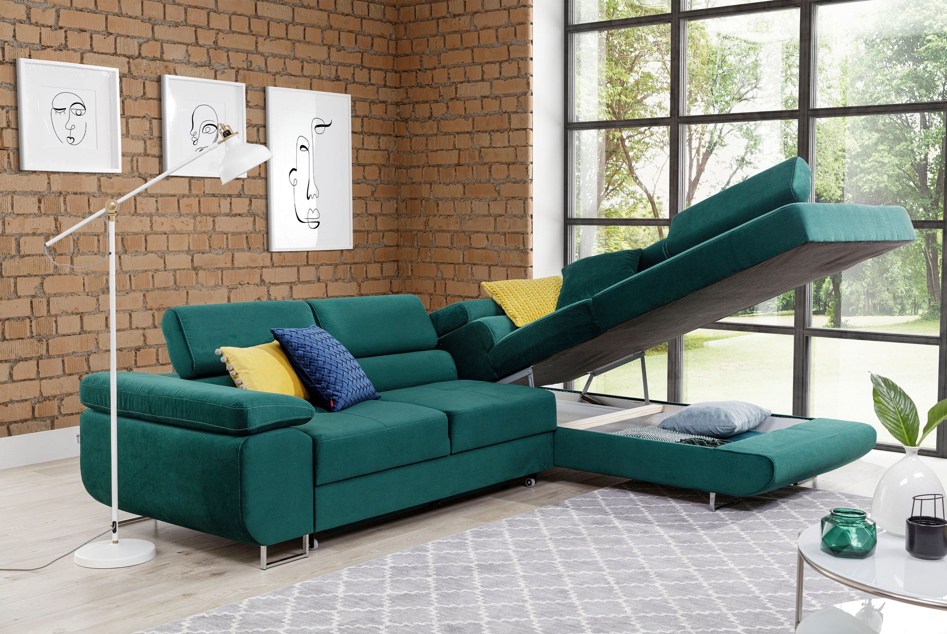 ReForm Creative Home Anton Storage Sleeper Sectional Sofa - Emerald Green-Free Delivery-USA & CANADA