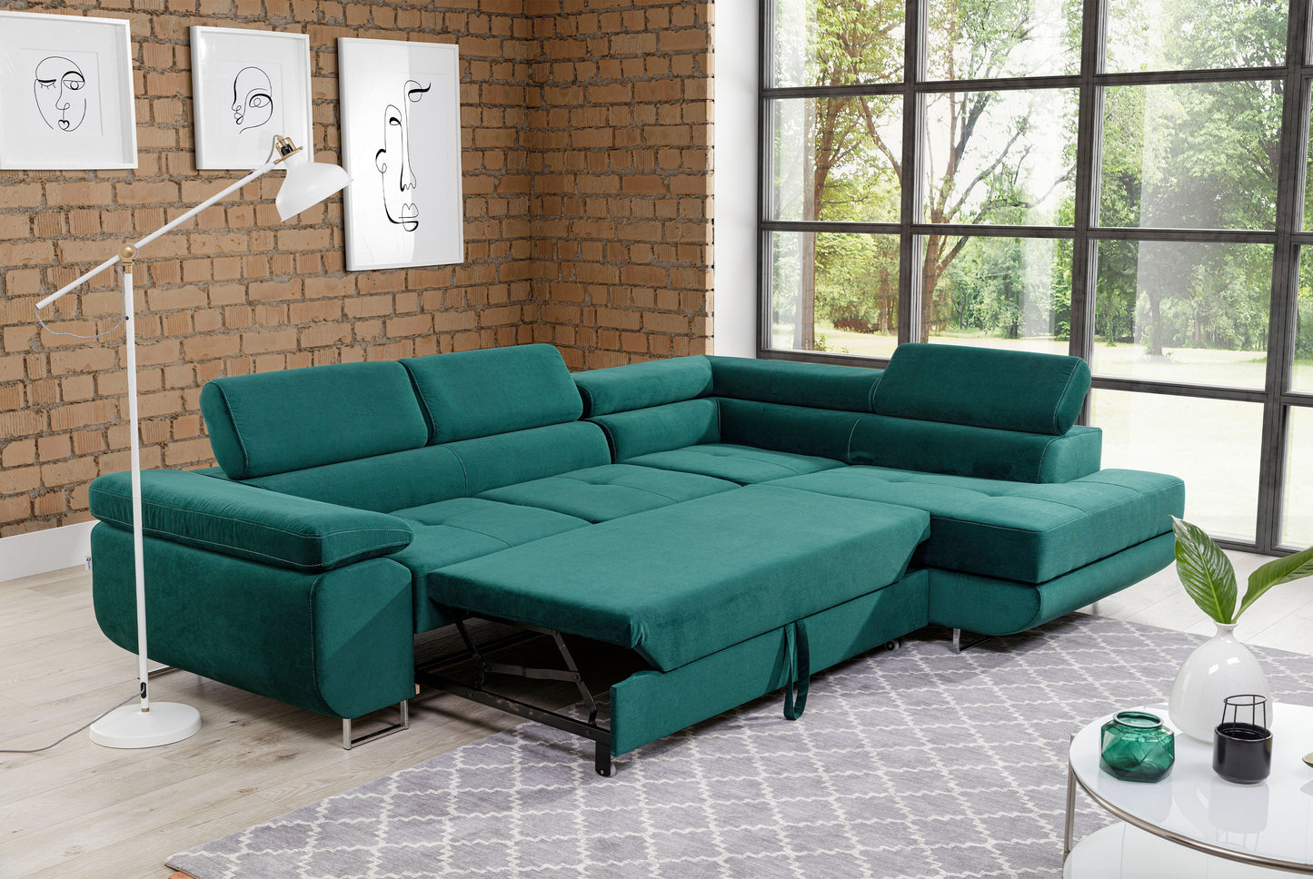ReForm Creative Home Anton Storage Sleeper Sectional Sofa - Emerald Green-Free Delivery-USA & CANADA