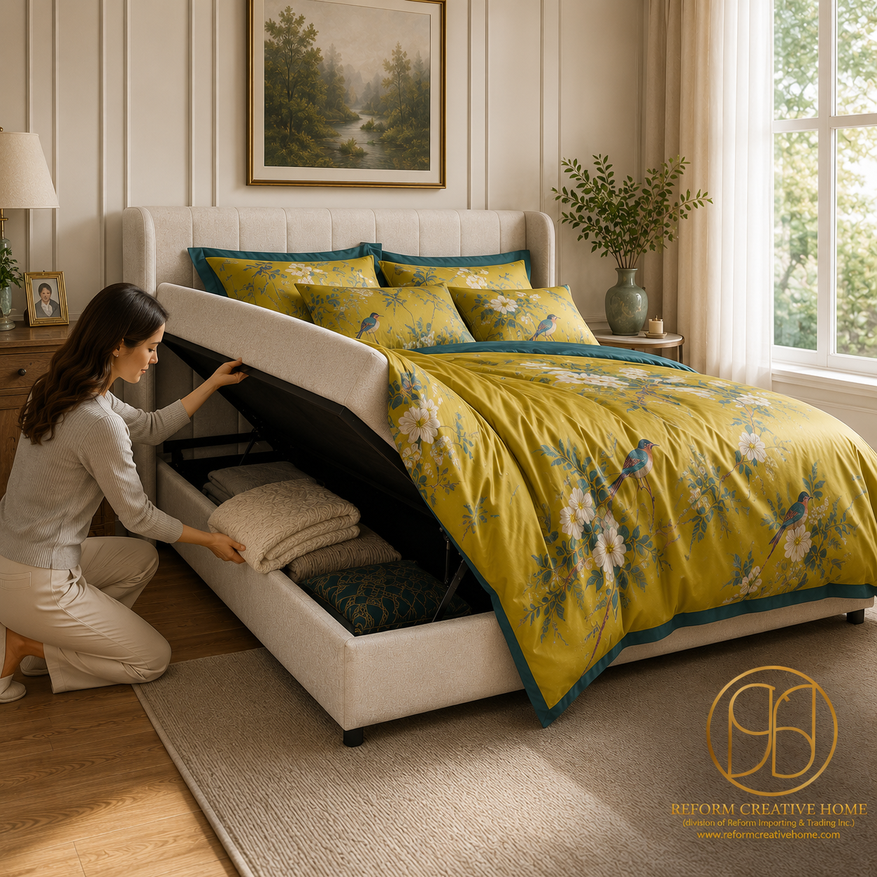 Moni Upholstered Lift Storage Queen Bed - Beige