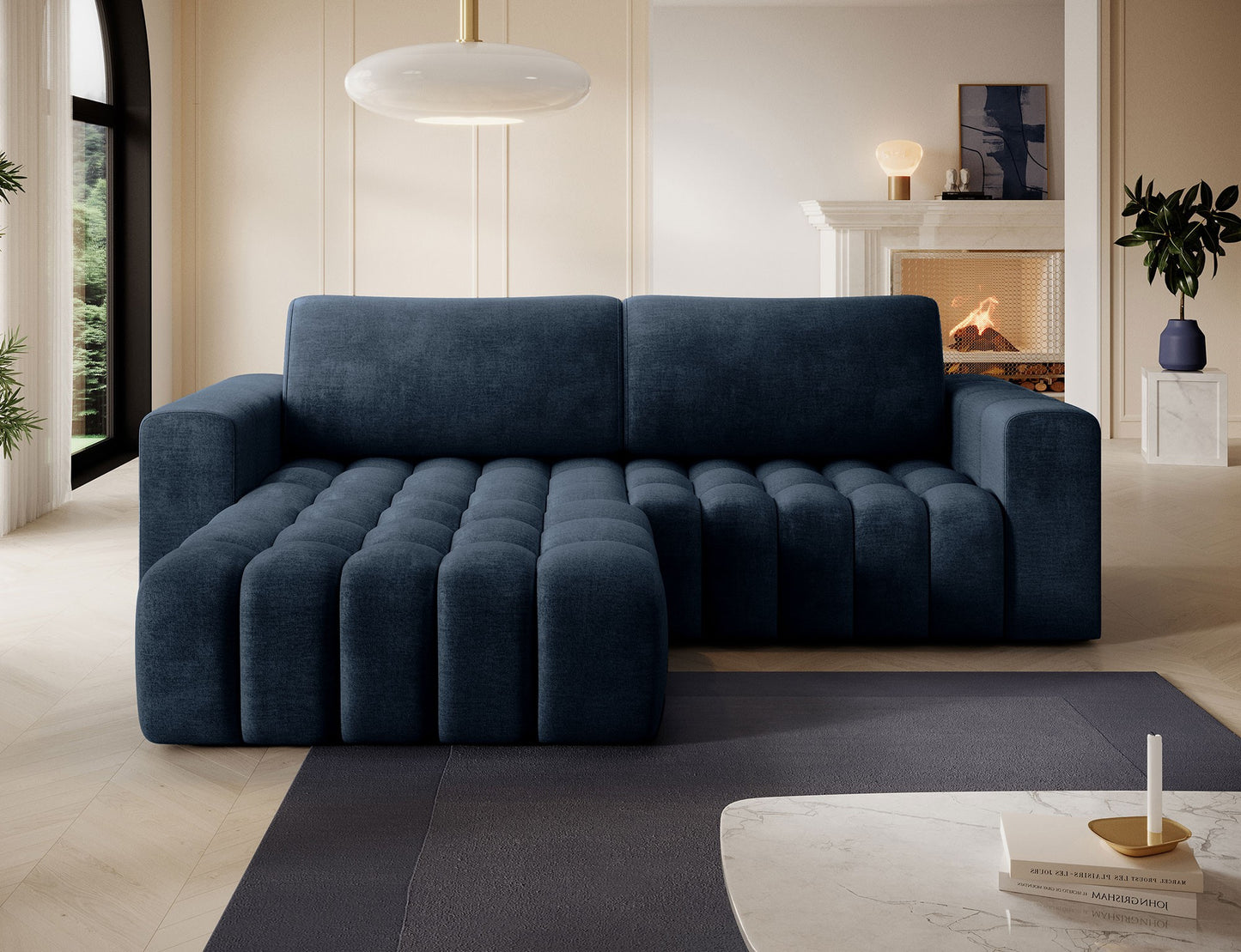 ReForm Creative Home Bonett Storage Sleeper Chaise Sofa - Navy Blue-Free Delivery-USA & CANADA