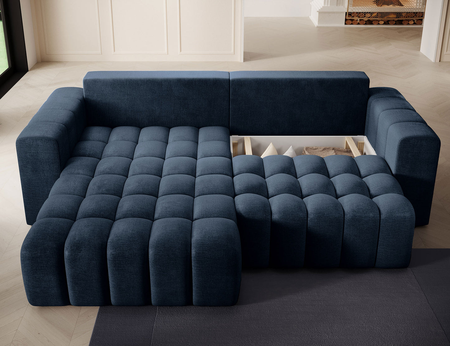 ReForm Creative Home Bonett Storage Sleeper Chaise Sofa - Navy Blue-Free Delivery-USA & CANADA