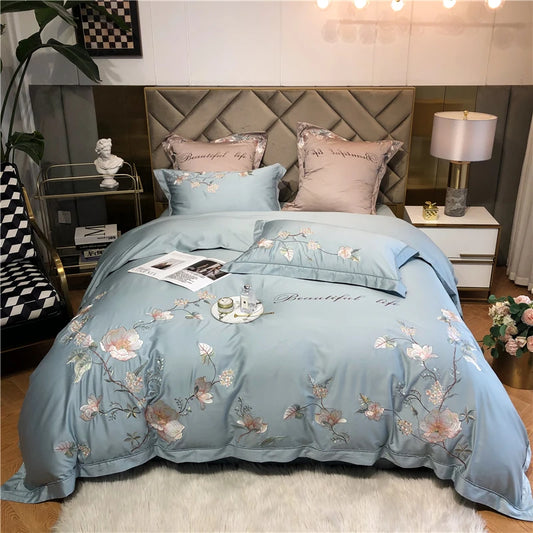 Belle Maison Embroidered Egyptian Cotton 1000 TC Duvet Set - Steel Blue