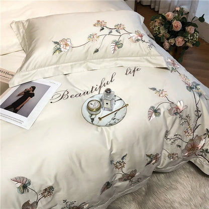Belle Maison Embroidered Egyptian Cotton 1000 TC Duvet Set - Ivory