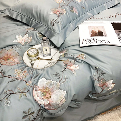 Belle Maison Embroidered Egyptian Cotton 1000 TC Duvet Set - Steel Blue