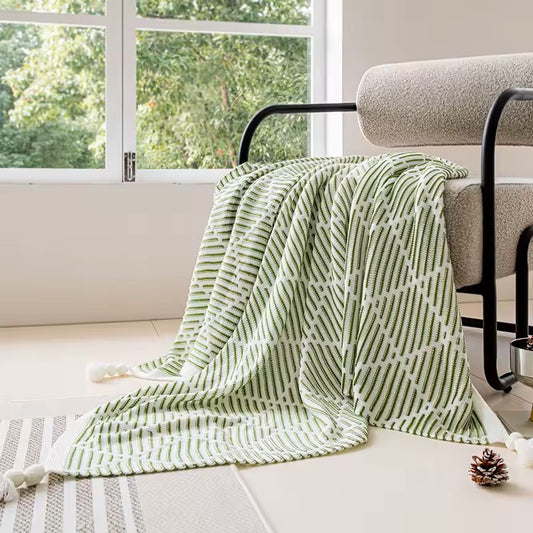 Meadow Cozy Pom Pom Blanket/Throw - Leaf Green