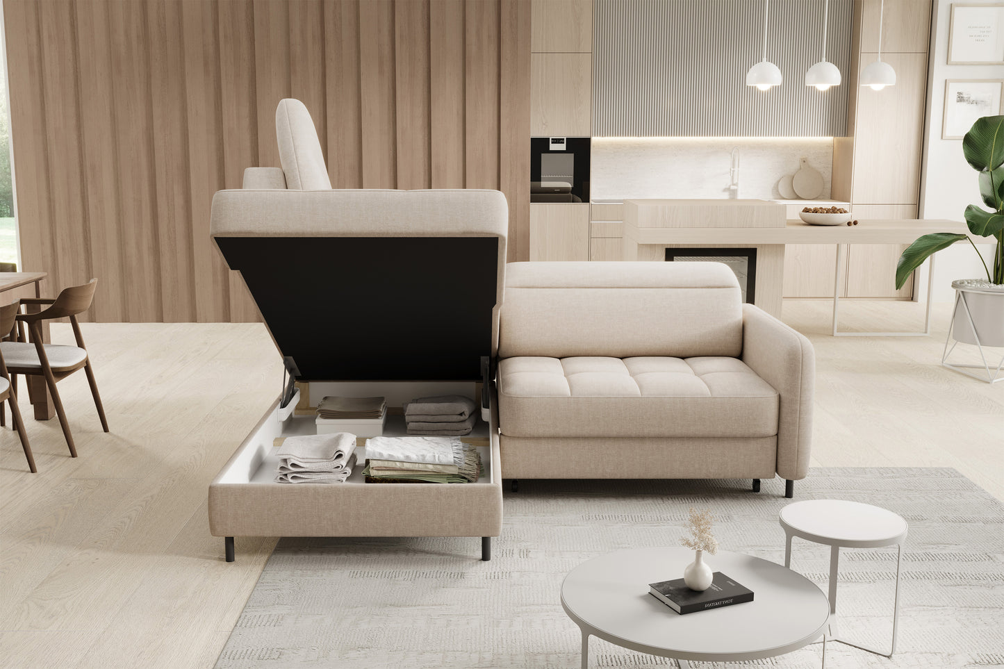 Barea 3 Seater Storage Sleeper Chaise Sofa - Beige