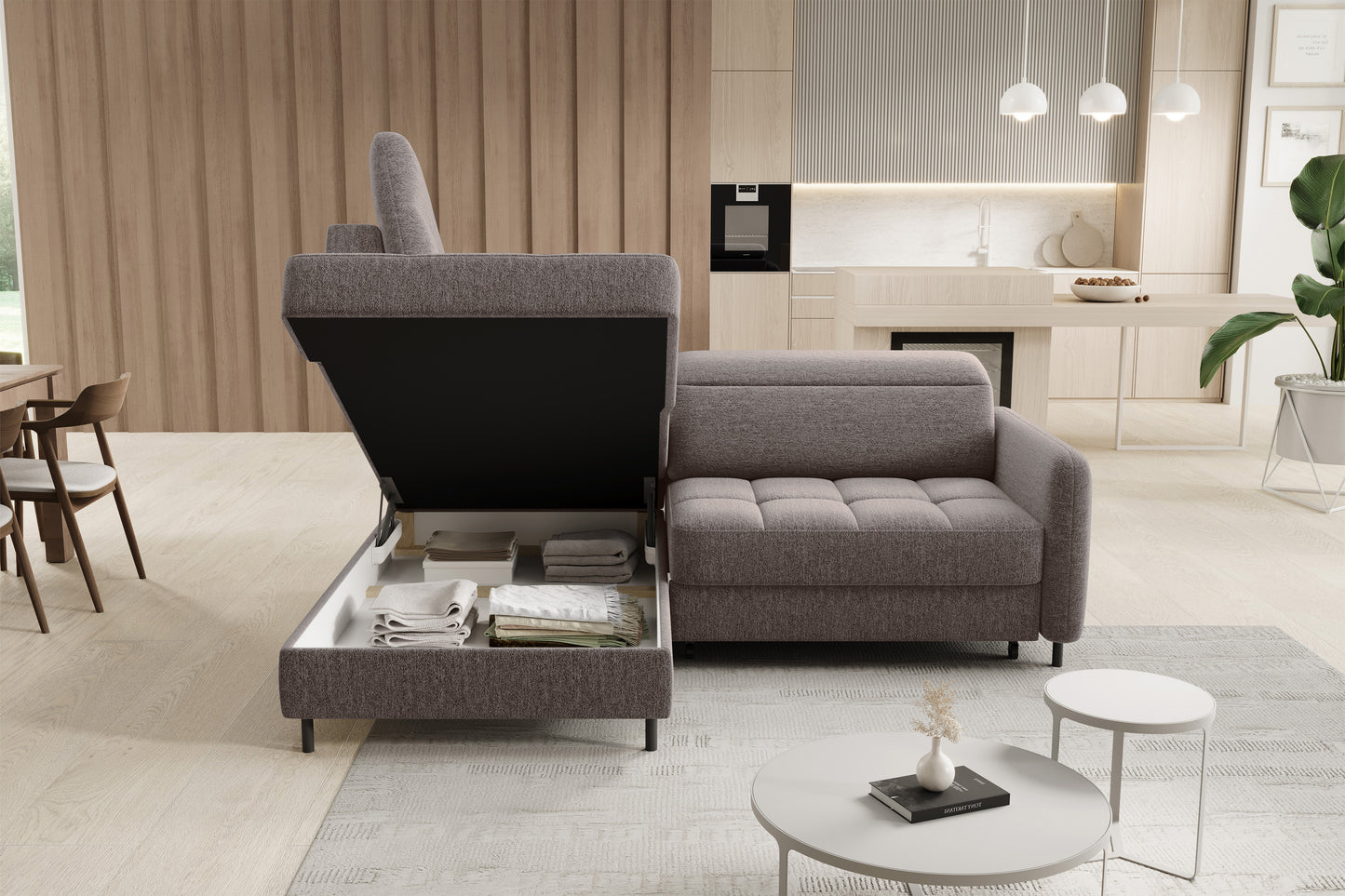 Barea 3 Seater Storage Sleeper Chaise Sofa - Fudge Brown