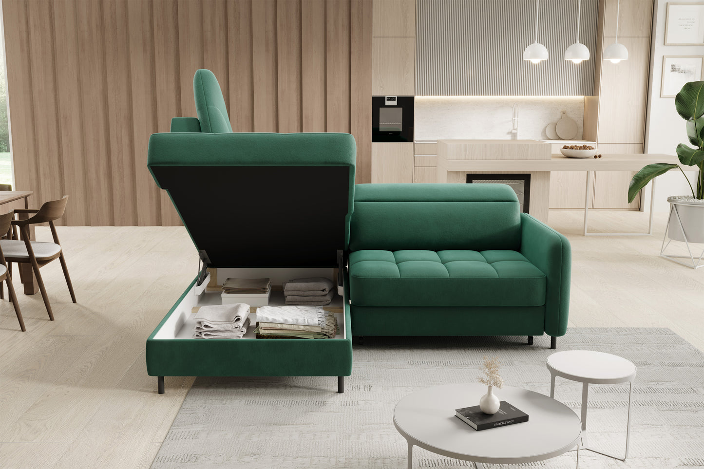 Barea 3 Seater Storage Sleeper Chaise Sofa - Emerald Green