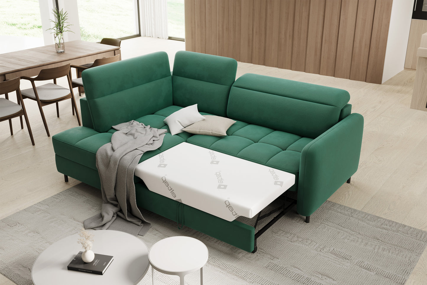 Barea 3 Seater Storage Sleeper Chaise Sofa - Emerald Green