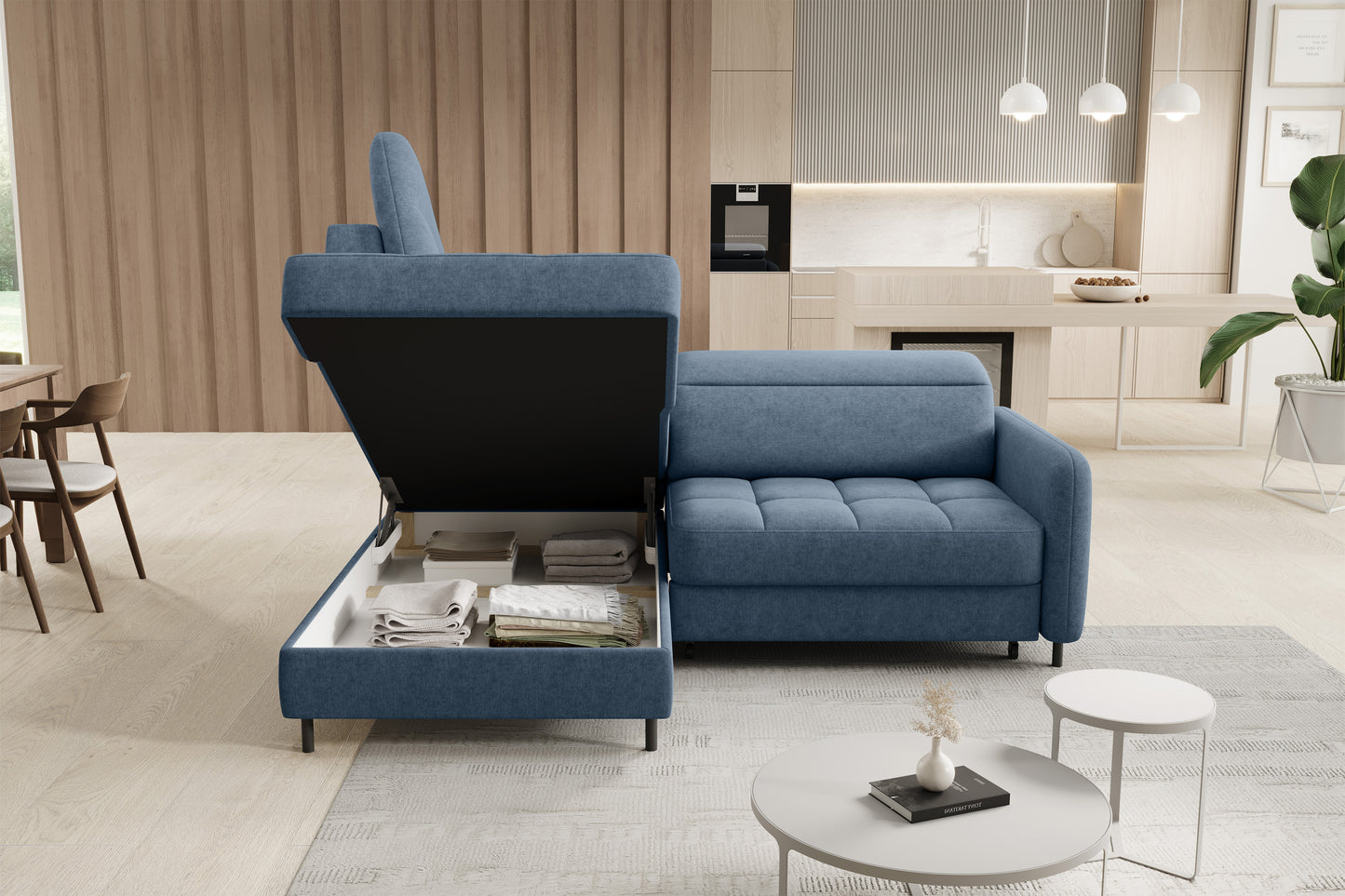 Barea 3 Seater Storage Sleeper Chaise Sofa - Soft Blue