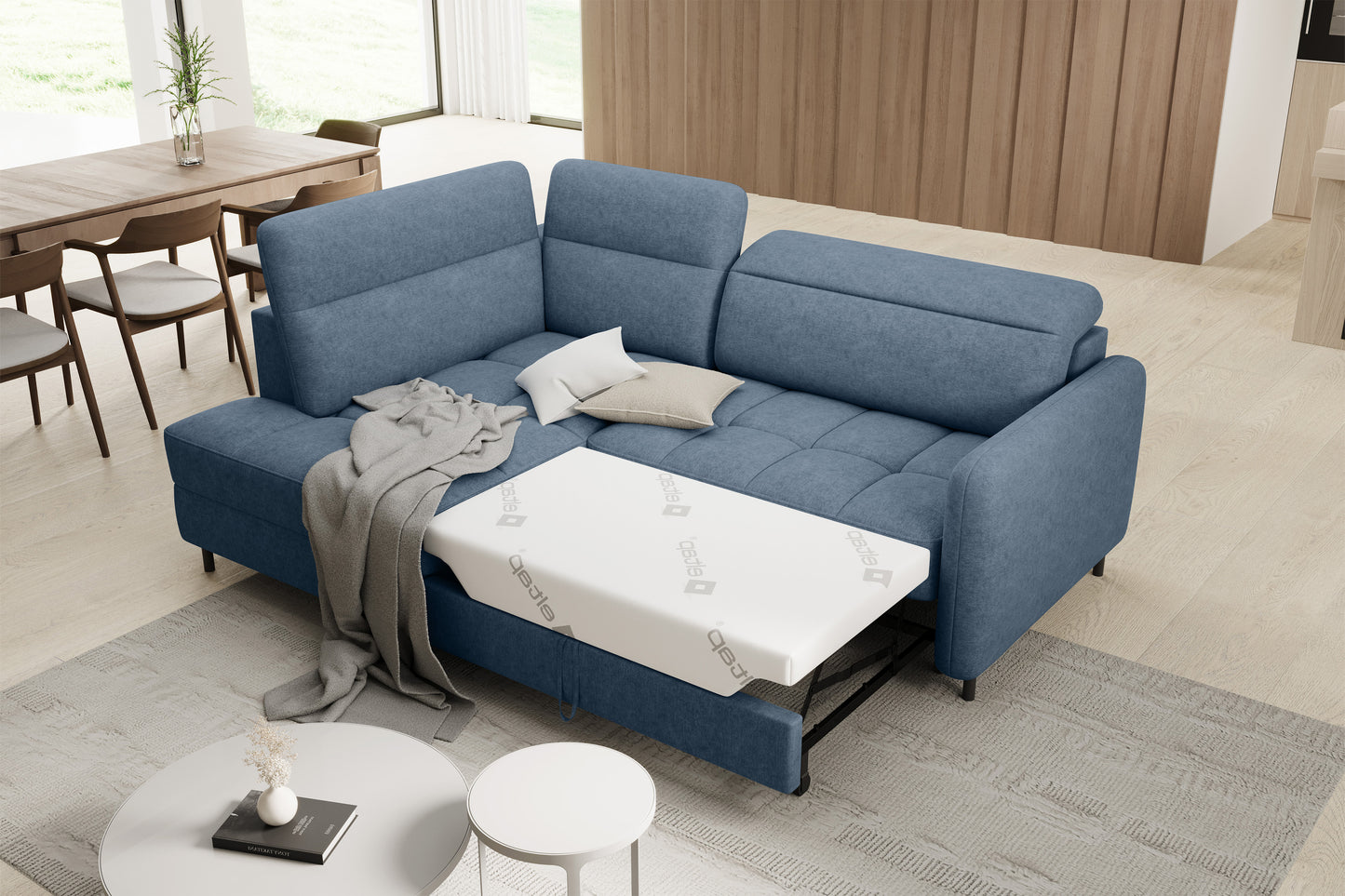 Barea 3 Seater Storage Sleeper Chaise Sofa - Soft Blue