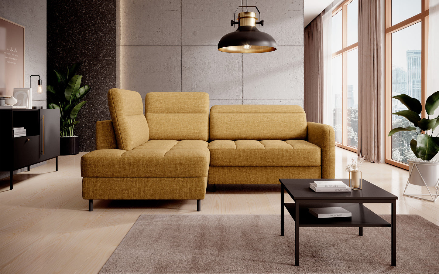 Barea 3 Seater Storage Sleeper Chaise Sofa - Mustard