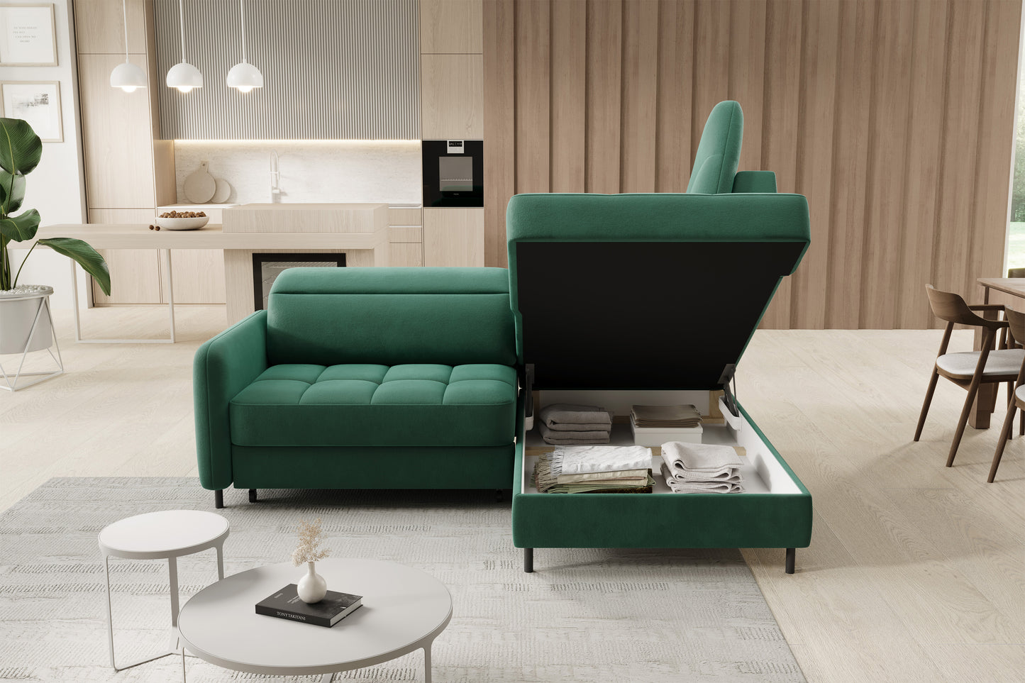 Barea 3 Seater Storage Sleeper Chaise Sofa - Emerald Green