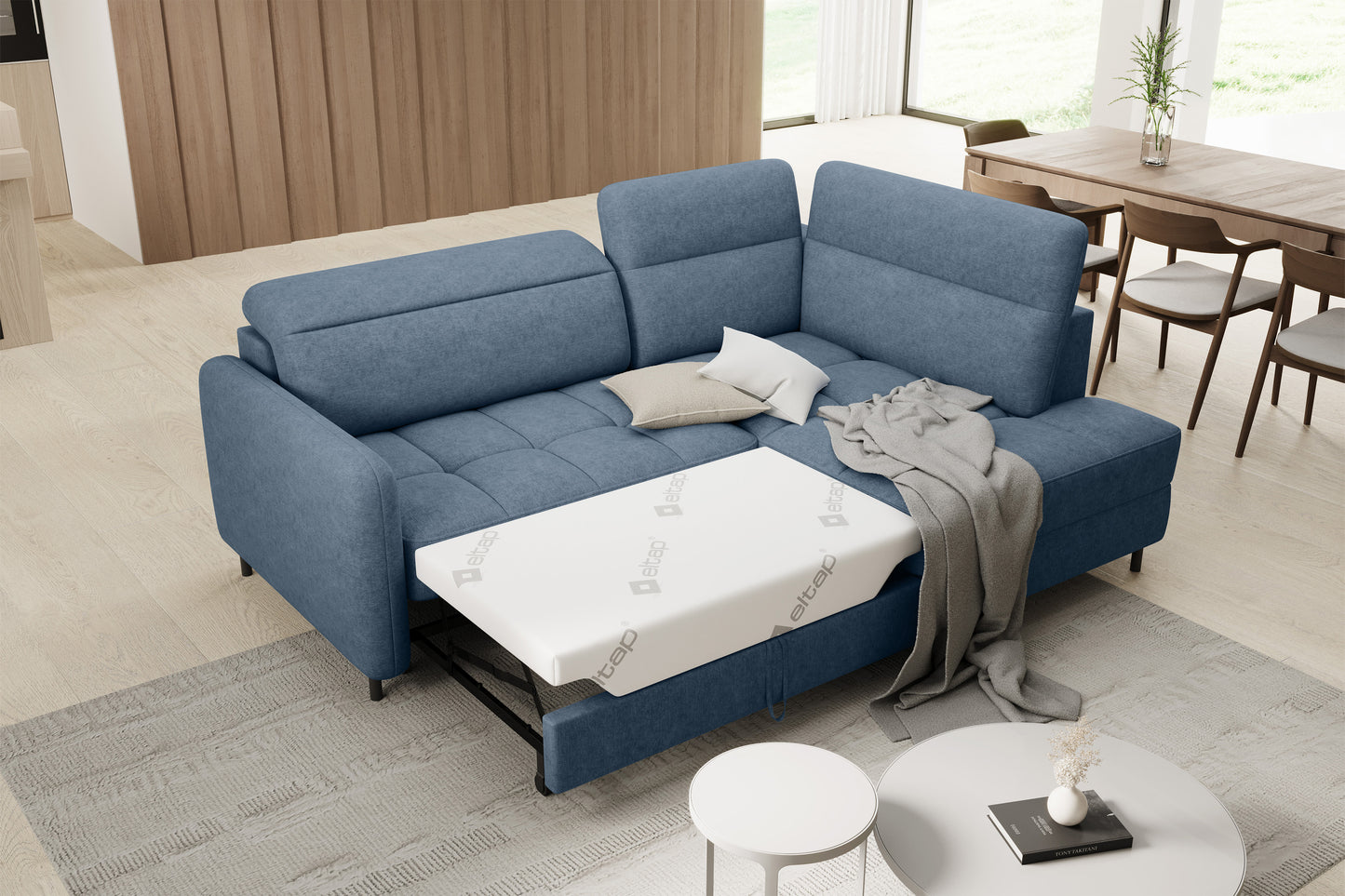 Barea 3 Seater Storage Sleeper Chaise Sofa - Soft Blue