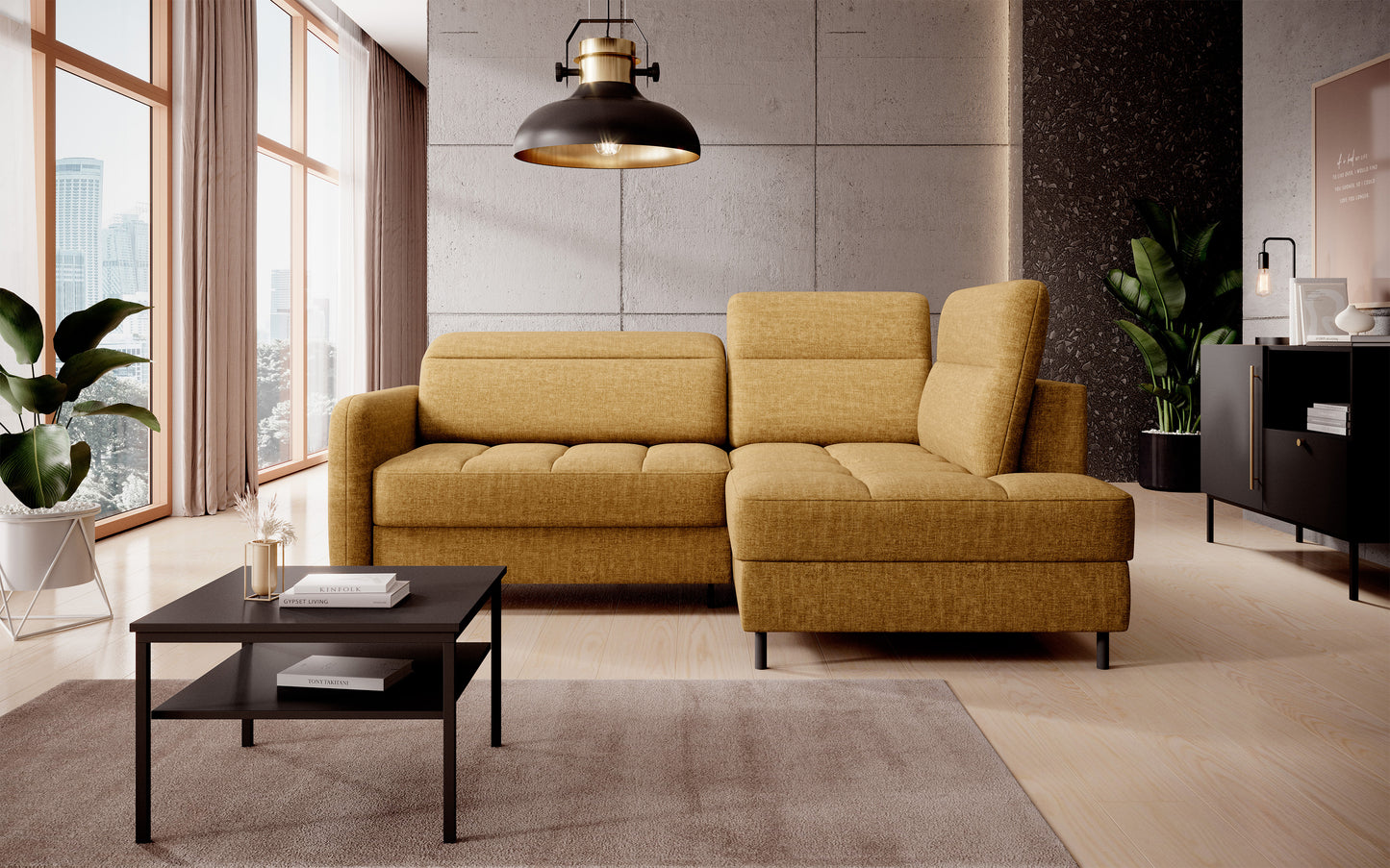 Barea 3 Seater Storage Sleeper Chaise Sofa - Mustard