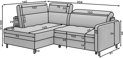 Barea 3 Seater Storage Sleeper Chaise Sofa - Soft Blue