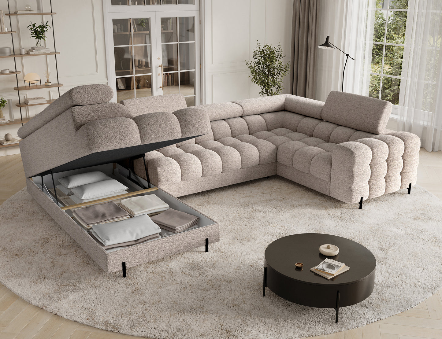Fectory Sectional Storage Sleeper Chaise Sofa - Beige
