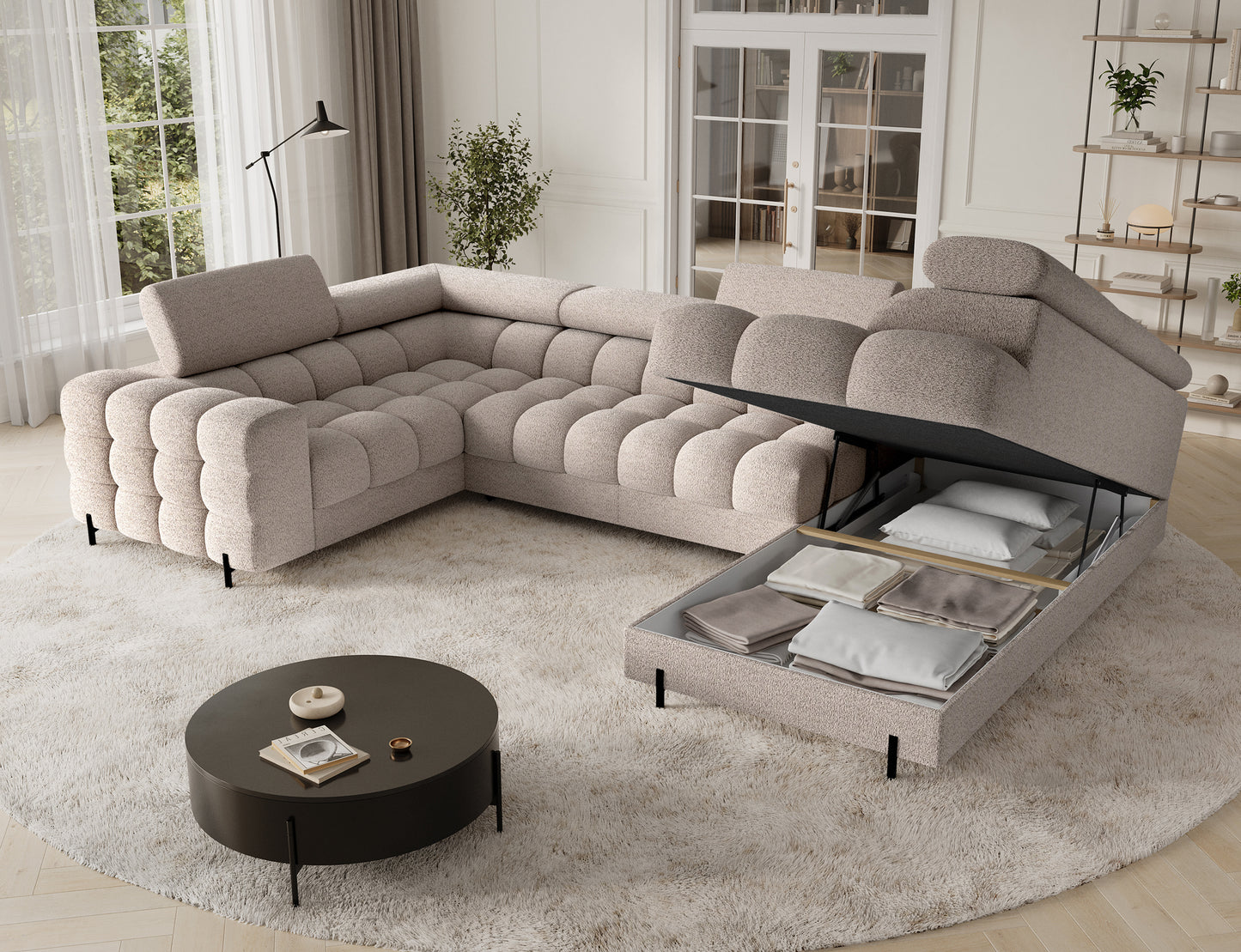 Fectory Sectional Storage Sleeper Chaise Sofa - Beige