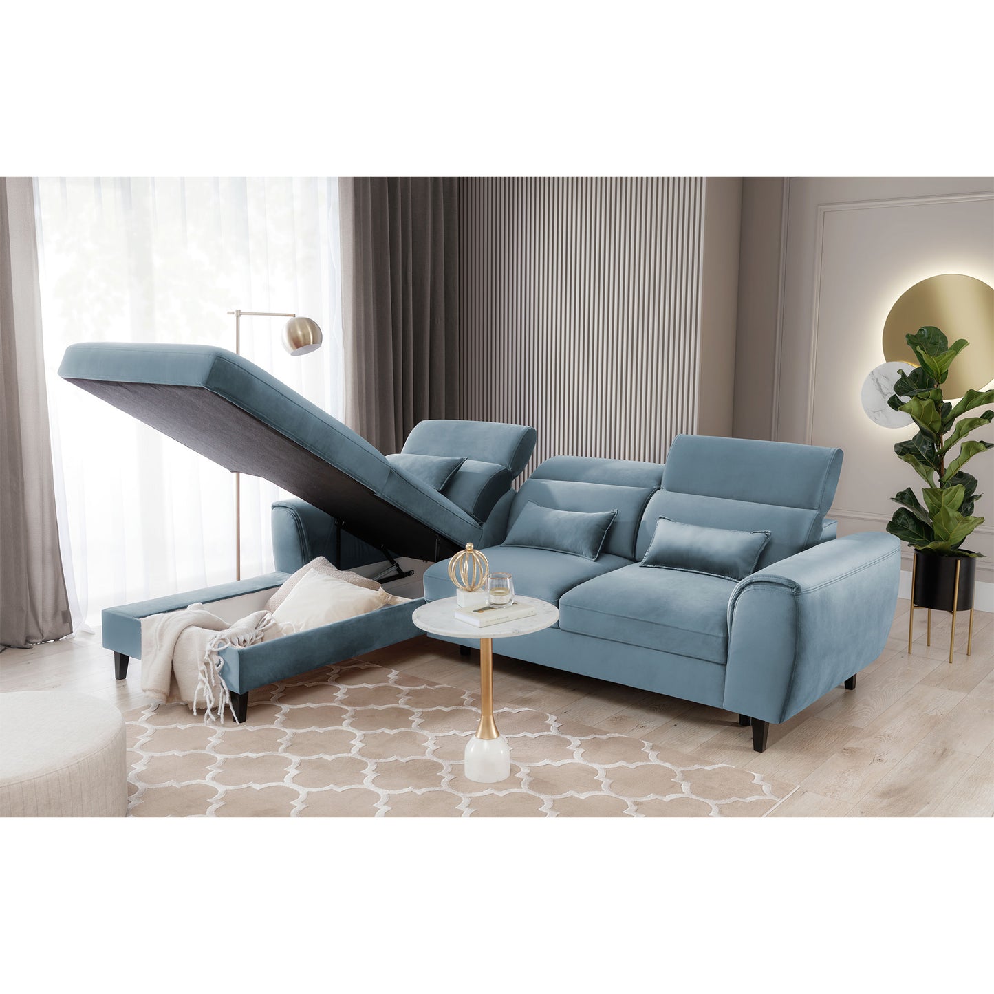 Foble Sectional Storage Sleeper Chaise Sofa - Aqua Blue