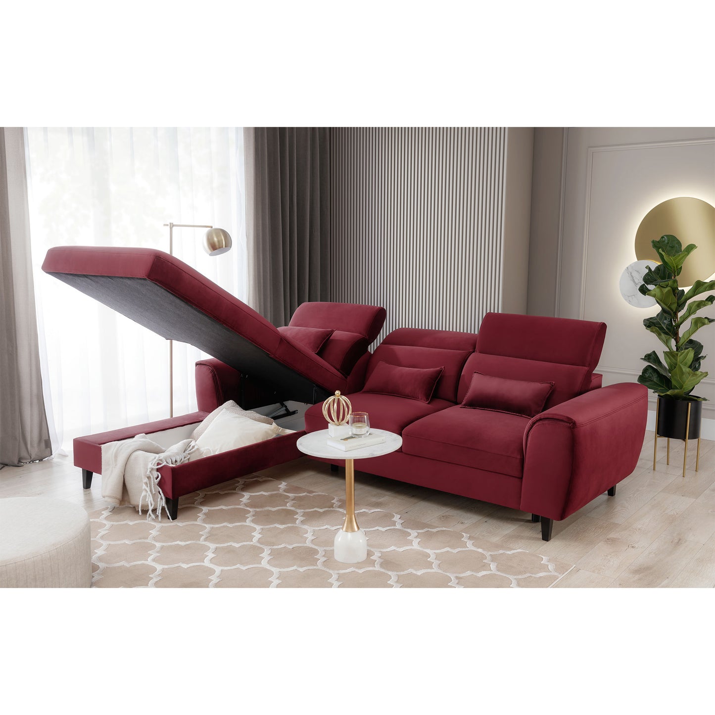 Foble Sectional Storage Sleeper Chaise Sofa - Burgundy